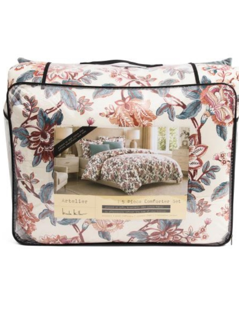 Nicole Miller Floral Print Comforter Set - Cream with Blue & Rose Accents